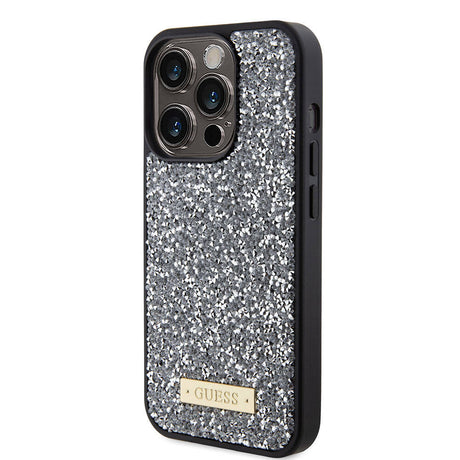 Apple iPhone 15 Pro Kılıf Guess Orjinal Lisanslı Taşlı Arka Yüzey Metal Yazı Logolu Kapak