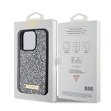 Apple iPhone 15 Pro Kılıf Guess Orjinal Lisanslı Taşlı Arka Yüzey Metal Yazı Logolu Kapak