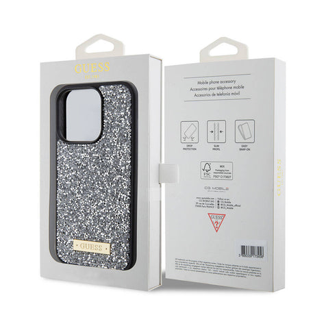 Apple iPhone 15 Pro Kılıf Guess Orjinal Lisanslı Taşlı Arka Yüzey Metal Yazı Logolu Kapak
