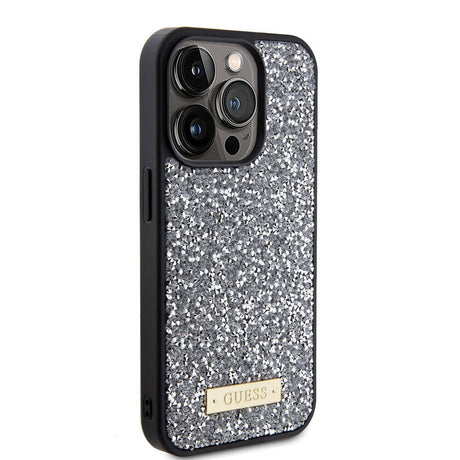 Apple iPhone 15 Pro Kılıf Guess Orjinal Lisanslı Taşlı Arka Yüzey Metal Yazı Logolu Kapak