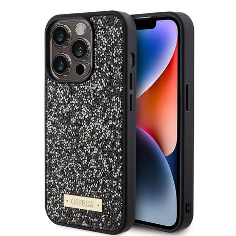 Apple iPhone 15 Pro Kılıf Guess Orjinal Lisanslı Taşlı Arka Yüzey Metal Yazı Logolu Kapak