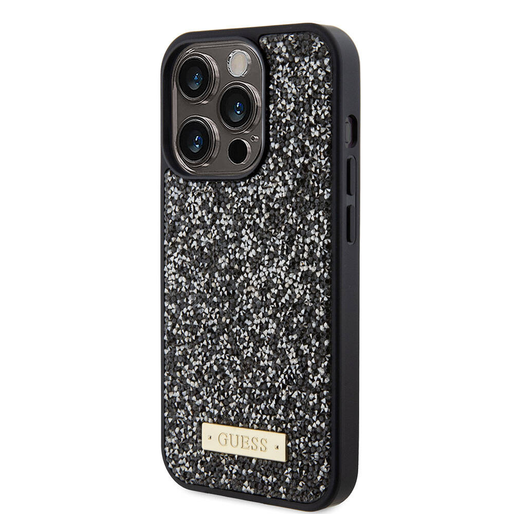 Apple iPhone 15 Pro Kılıf Guess Orjinal Lisanslı Taşlı Arka Yüzey Metal Yazı Logolu Kapak