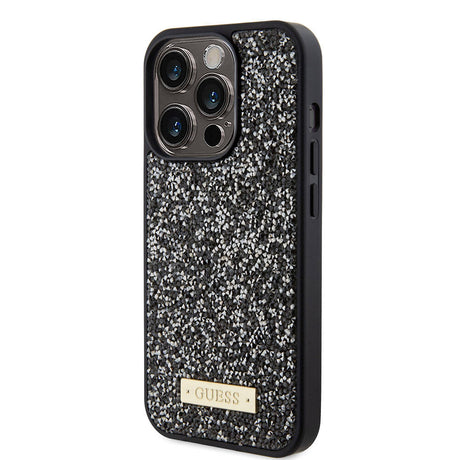 Apple iPhone 15 Pro Kılıf Guess Orjinal Lisanslı Taşlı Arka Yüzey Metal Yazı Logolu Kapak