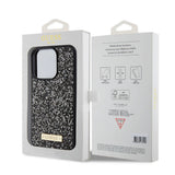 Apple iPhone 15 Pro Kılıf Guess Orjinal Lisanslı Taşlı Arka Yüzey Metal Yazı Logolu Kapak