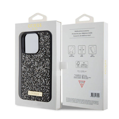 Apple iPhone 15 Pro Kılıf Guess Orjinal Lisanslı Taşlı Arka Yüzey Metal Yazı Logolu Kapak