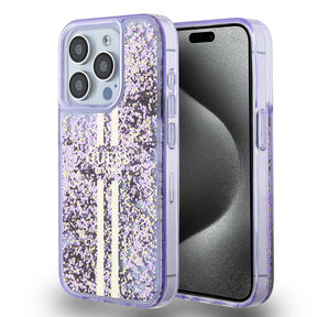 Apple iPhone 15 Pro Kılıf Guess Orjinal Lisanslı Transparan Sıvılı Simli Altın Çizgili Kapak
