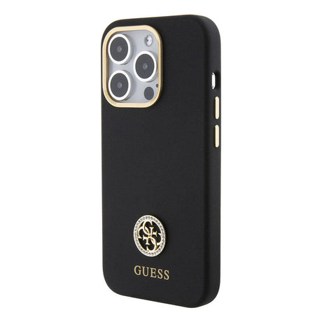 Apple iPhone 15 Pro Kılıf Guess Orjinal Lisanslı Yazı ve Taşlı 4G Logolu Metal Kamera Çerçeveli Silikon Kapak