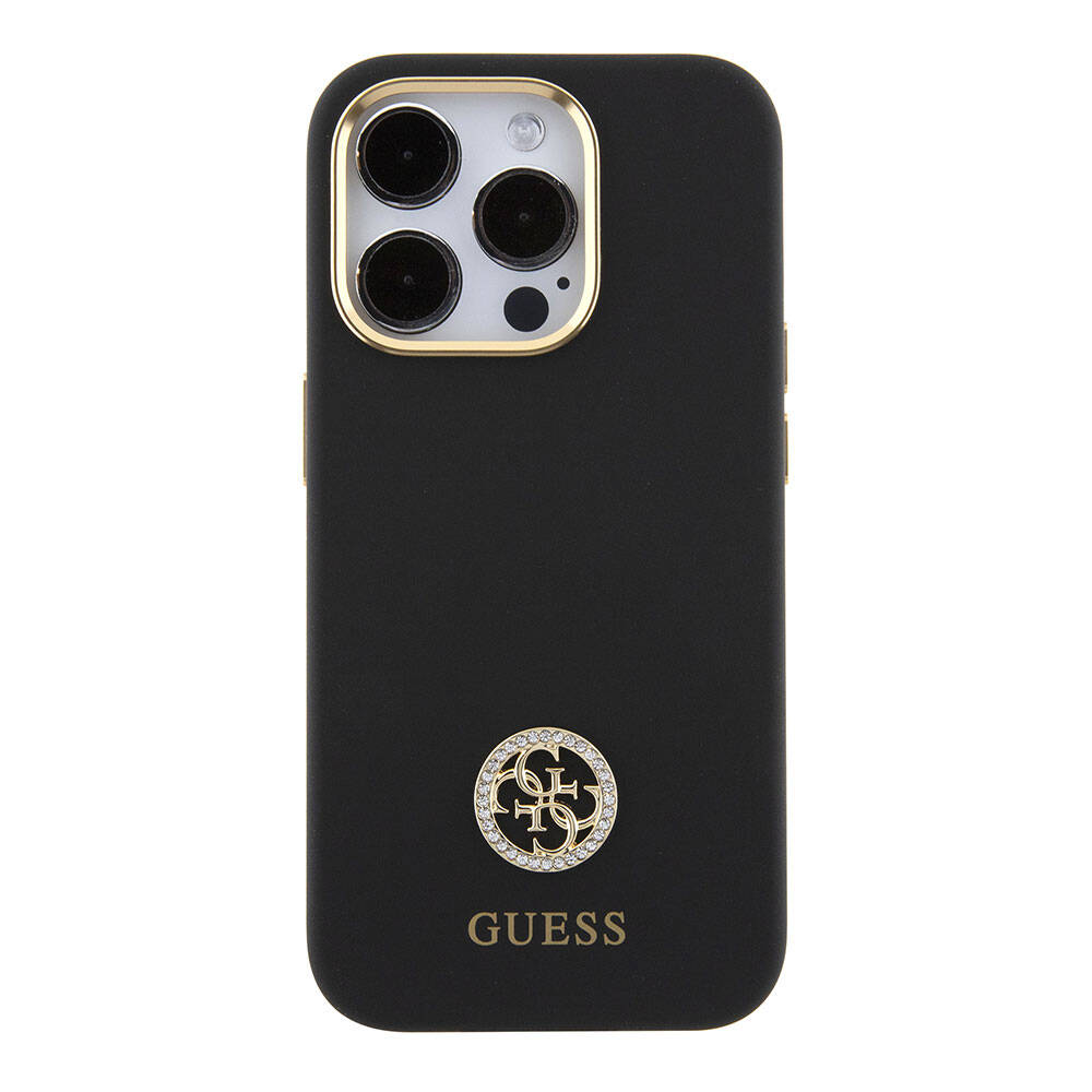 Apple iPhone 15 Pro Kılıf Guess Orjinal Lisanslı Yazı ve Taşlı 4G Logolu Metal Kamera Çerçeveli Silikon Kapak