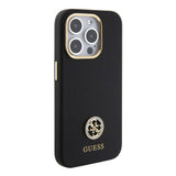 Apple iPhone 15 Pro Kılıf Guess Orjinal Lisanslı Yazı ve Taşlı 4G Logolu Metal Kamera Çerçeveli Silikon Kapak