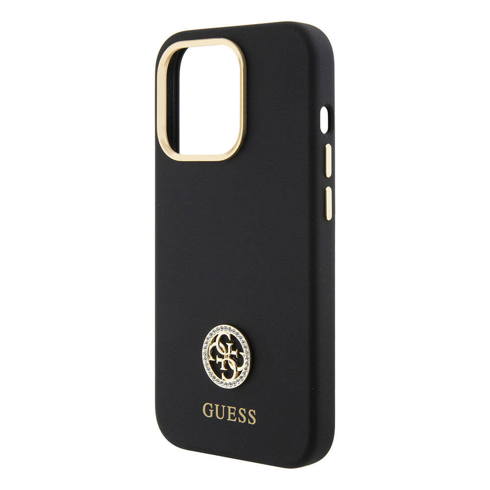 Apple iPhone 15 Pro Kılıf Guess Orjinal Lisanslı Yazı ve Taşlı 4G Logolu Metal Kamera Çerçeveli Silikon Kapak
