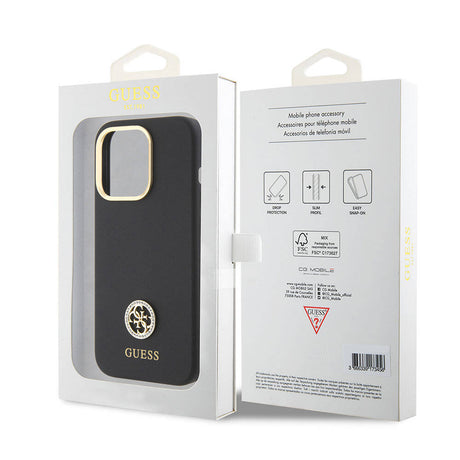 Apple iPhone 15 Pro Kılıf Guess Orjinal Lisanslı Yazı ve Taşlı 4G Logolu Metal Kamera Çerçeveli Silikon Kapak