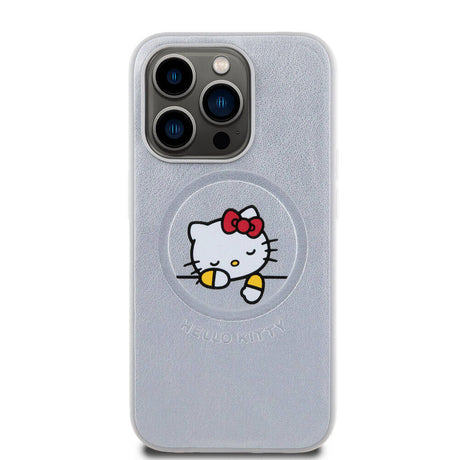 Apple iPhone 15 Pro Kılıf Hello Kitty Orjinal Lisanslı M-safe Şarj Özellikli Baskı Logolu Uyuyan Kitty Deri Kapak