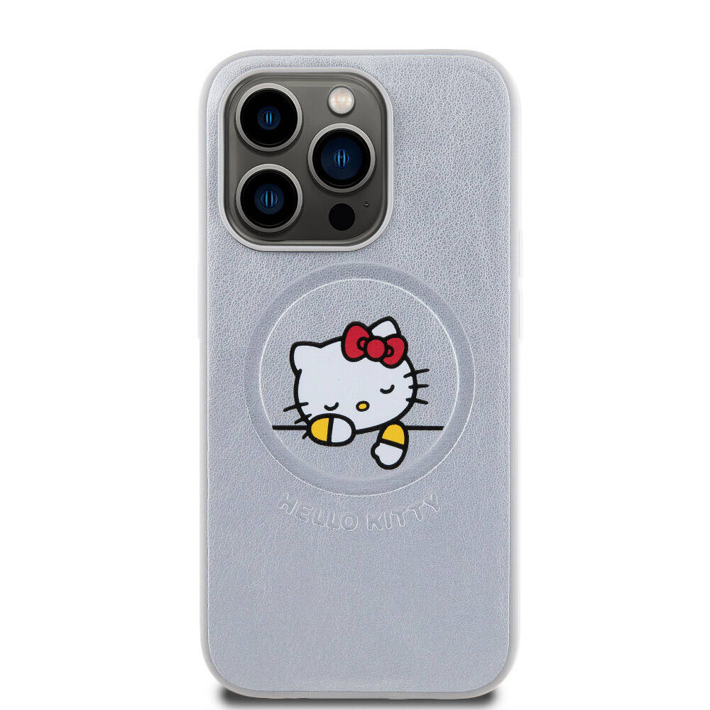 Apple iPhone 15 Pro Kılıf Hello Kitty Orjinal Lisanslı M-safe Şarj Özellikli Baskı Logolu Uyuyan Kitty Deri Kapak