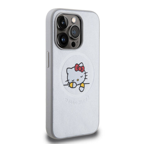 Apple iPhone 15 Pro Kılıf Hello Kitty Orjinal Lisanslı M-safe Şarj Özellikli Baskı Logolu Uyuyan Kitty Deri Kapak