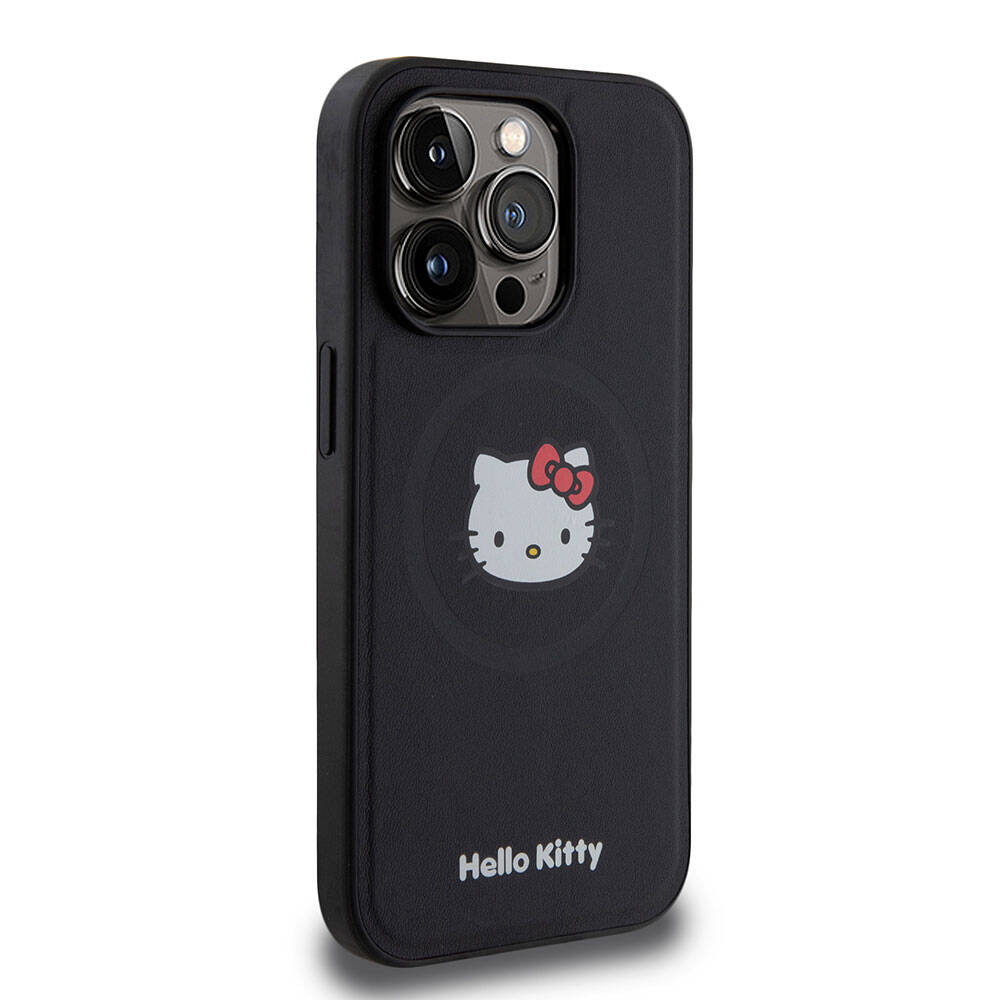 Apple iPhone 15 Pro Kılıf Hello Kitty Orjinal Lisanslı M-safe Şarj Özellikli Kitty Head Deri Kapak