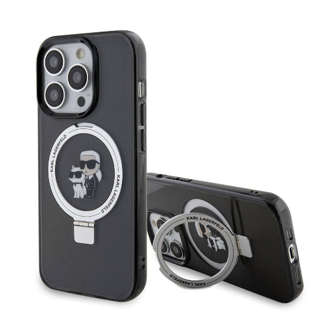 Apple iPhone 15 Pro Kılıf Karl Lagerfeld Orjinal Lisanslı M-safe Şarj Özellikli K&C İkonik Baskılı Ring Standlı Kapak