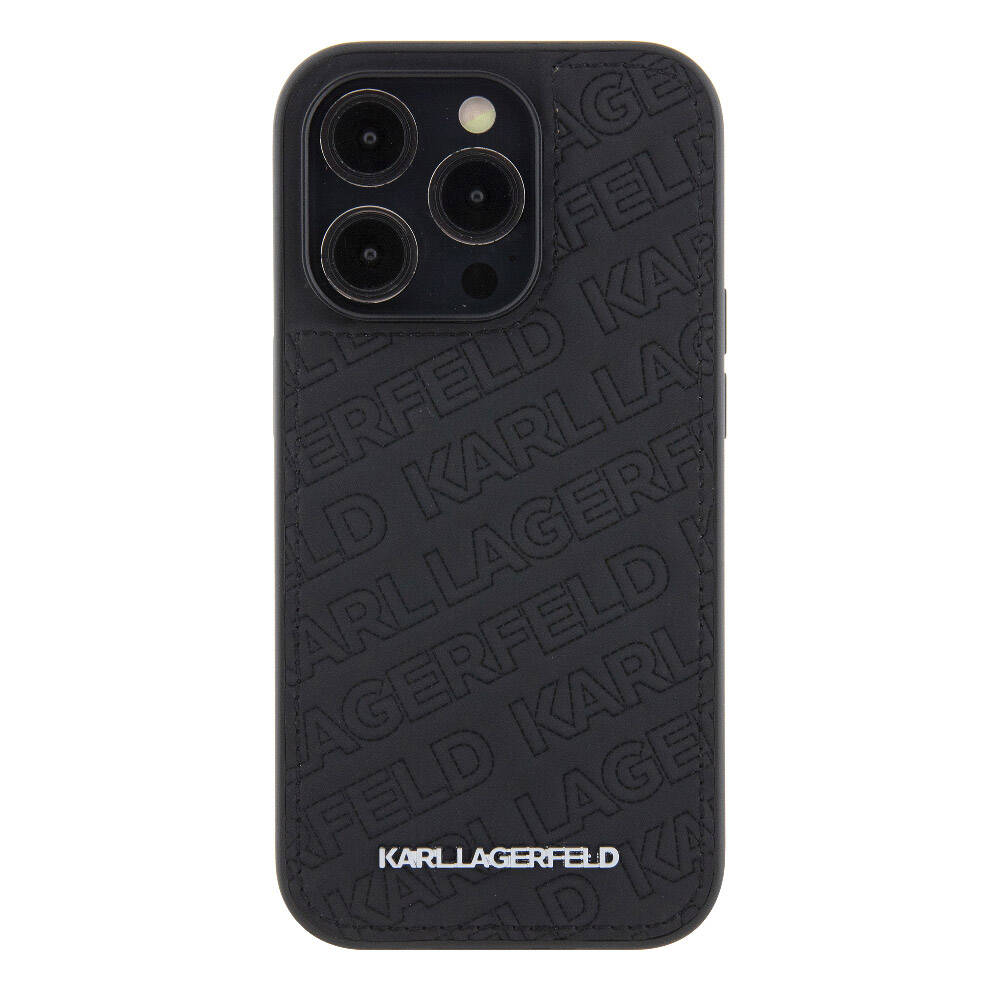 Apple iPhone 15 Pro Kılıf Karl Lagerfeld Orjinal Lisanslı Metal Yazı Logolu Dikişli Logo Arka Yüzey Kapitone Kapak