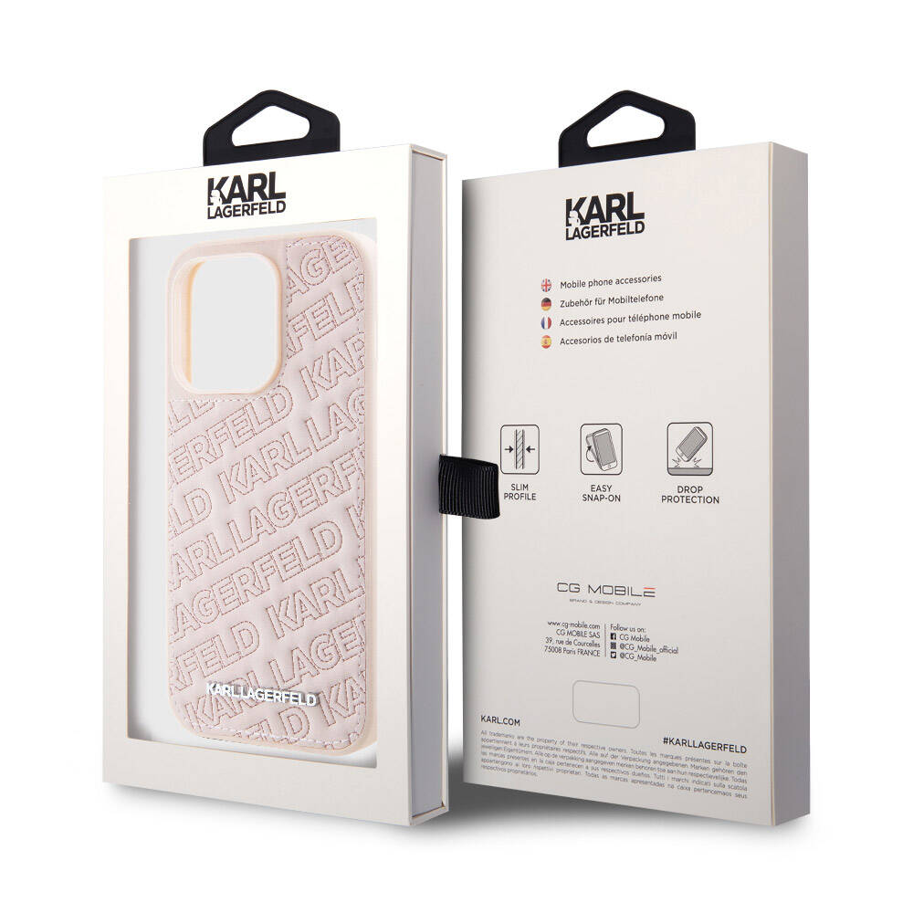 Apple iPhone 15 Pro Kılıf Karl Lagerfeld Orjinal Lisanslı Metal Yazı Logolu Dikişli Logo Arka Yüzey Kapitone Kapak