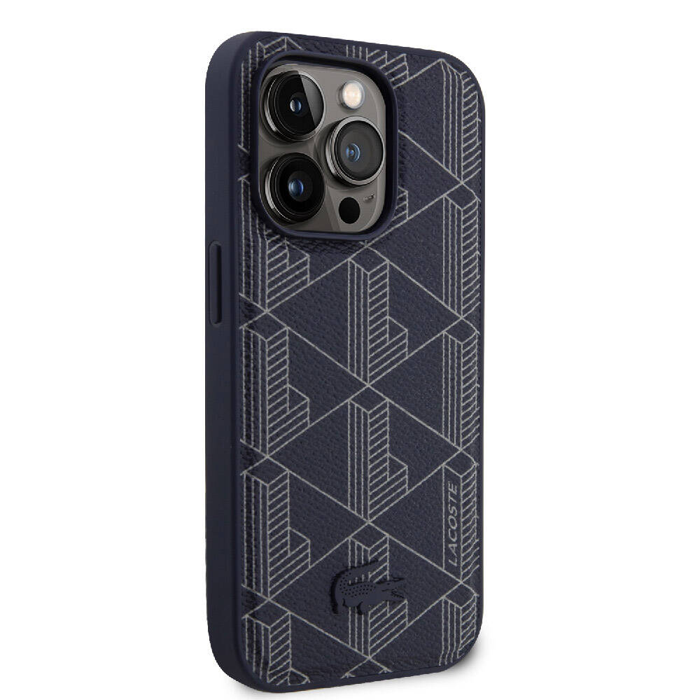 Apple iPhone 15 Pro Kılıf Lacoste Orjinal Lisanslı M-safe Şarj Özellikli PU Deri Görünümlü Karışık Monogram Desenli Kapak