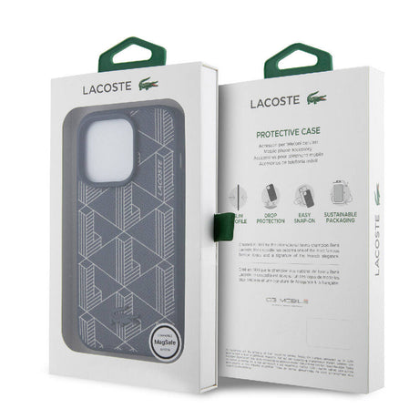 Apple iPhone 15 Pro Kılıf Lacoste Orjinal Lisanslı M-safe Şarj Özellikli PU Deri Görünümlü Karışık Monogram Desenli Kapak
