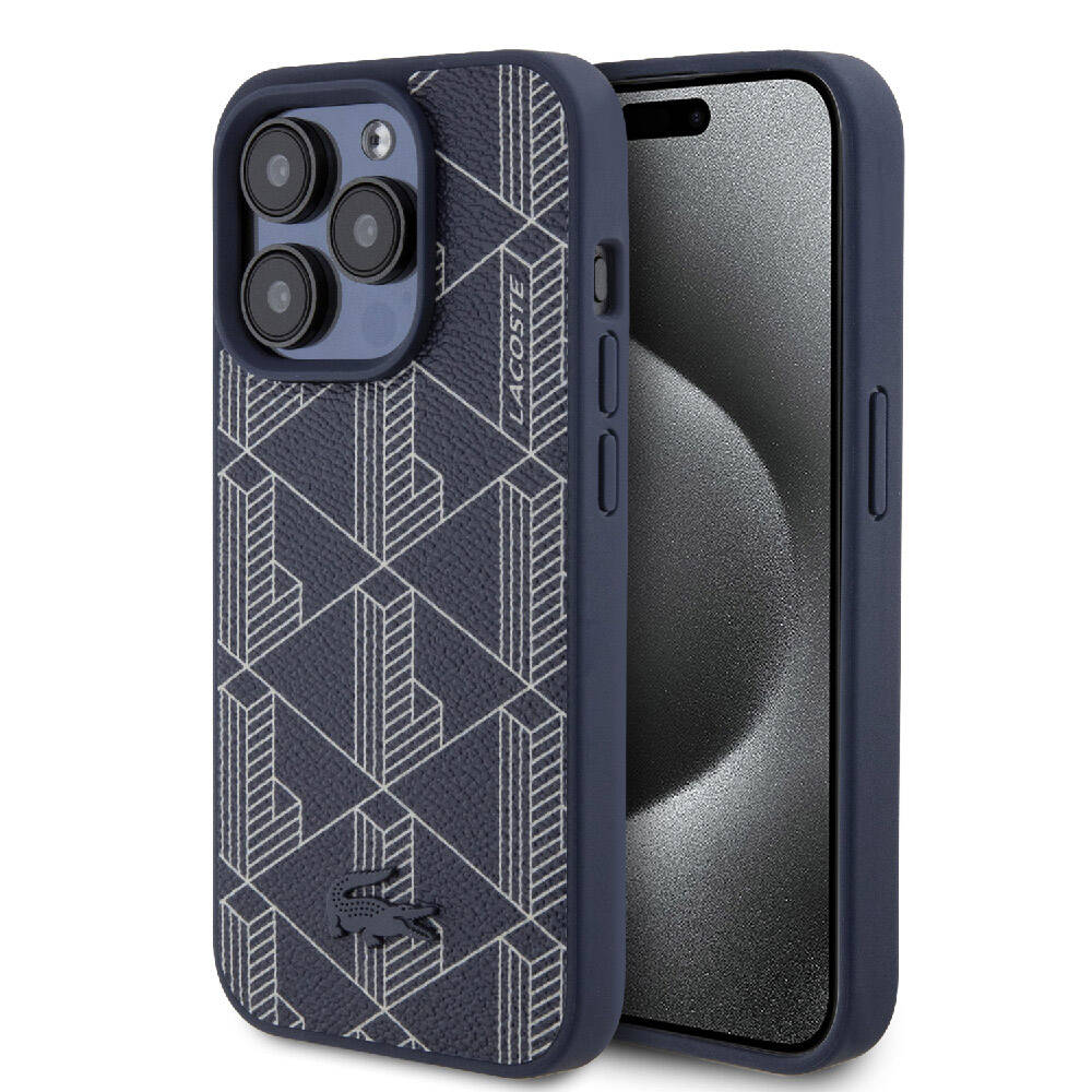 Apple iPhone 15 Pro Kılıf Lacoste Orjinal Lisanslı M-safe Şarj Özellikli PU Deri Görünümlü Karışık Monogram Desenli Kapak