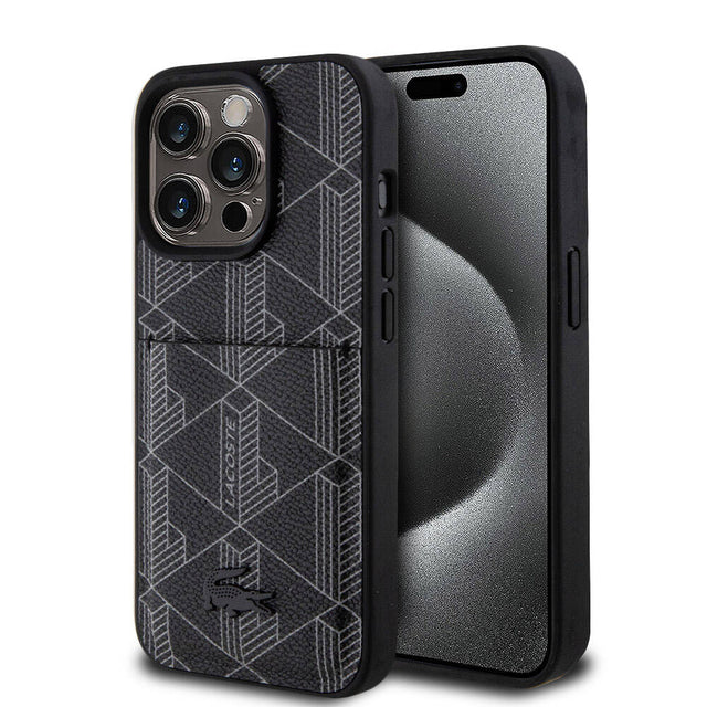 Apple iPhone 15 Pro Kılıf Lacoste Orjinal Lisanslı M-safe Şarj Özellikli PU Deri Görünümlü Kartlıklı Karışık Monogram Desenli Kapak
