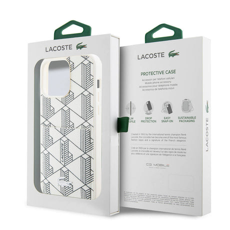Apple iPhone 15 Pro Kılıf Lacoste Orjinal Lisanslı M-safe Şarj Özellikli PU Deri Görünümlü Kartlıklı Karışık Monogram Desenli Kapak