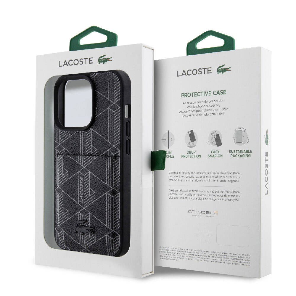 Apple iPhone 15 Pro Kılıf Lacoste Orjinal Lisanslı M-safe Şarj Özellikli PU Deri Görünümlü Kartlıklı Karışık Monogram Desenli Kapak