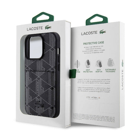 Apple iPhone 15 Pro Kılıf Lacoste Orjinal Lisanslı M-safe Şarj Özellikli PU Deri Görünümlü Kartlıklı Karışık Monogram Desenli Kapak