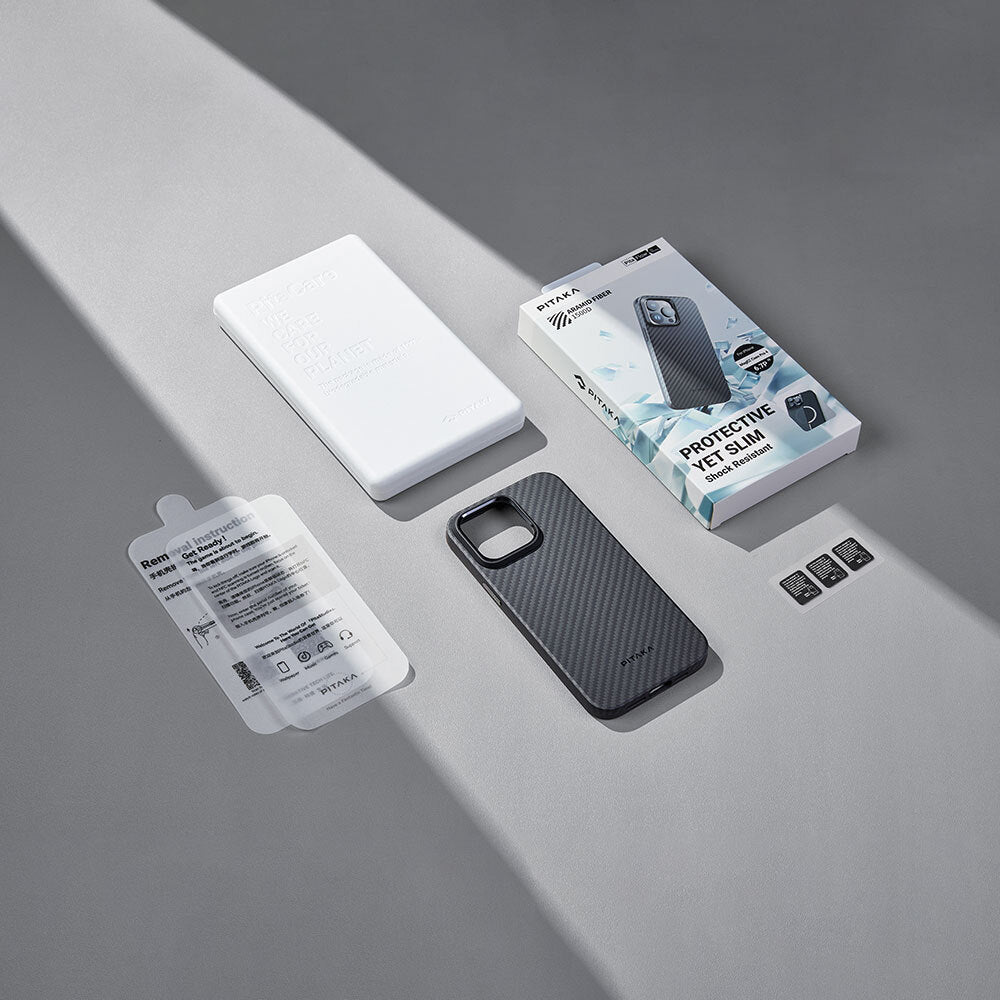 Apple iPhone 15 Pro Kılıf M-safe Şarj Özellikli 1500D Aramid Fiber Pitaka Military-Grade Classic Serisi Black-Grey Twill Kapak