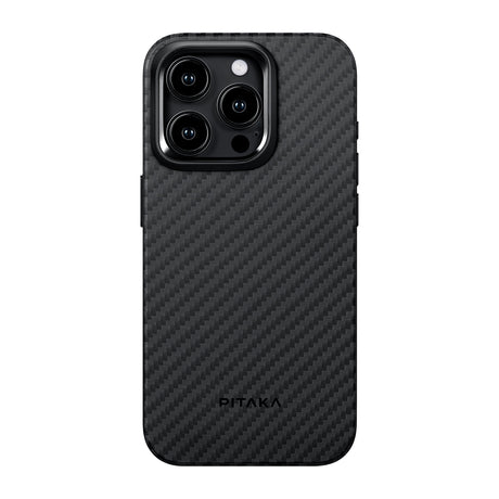 Apple iPhone 15 Pro Kılıf M-safe Şarj Özellikli 1500D Aramid Fiber Pitaka Military-Grade Classic Serisi Black-Grey Twill Kapak