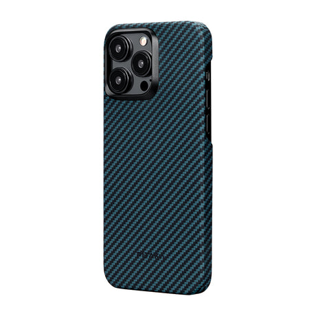 Apple iPhone 15 Pro Kılıf M-safe Şarj Özellikli 1500D Aramid Fiber Pitaka Ultra-Slim Classic Serisi Black-Blue Twill Kapak