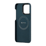 Apple iPhone 15 Pro Kılıf M-safe Şarj Özellikli 1500D Aramid Fiber Pitaka Ultra-Slim Classic Serisi Black-Blue Twill Kapak