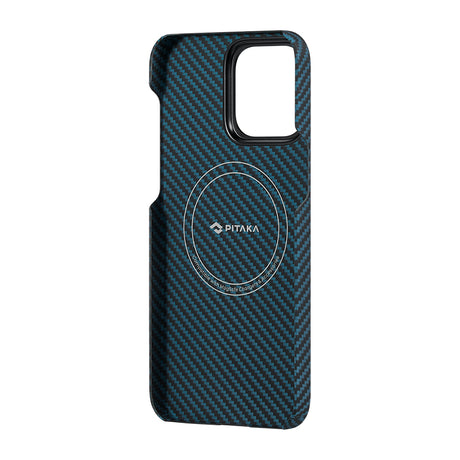 Apple iPhone 15 Pro Kılıf M-safe Şarj Özellikli 1500D Aramid Fiber Pitaka Ultra-Slim Classic Serisi Black-Blue Twill Kapak