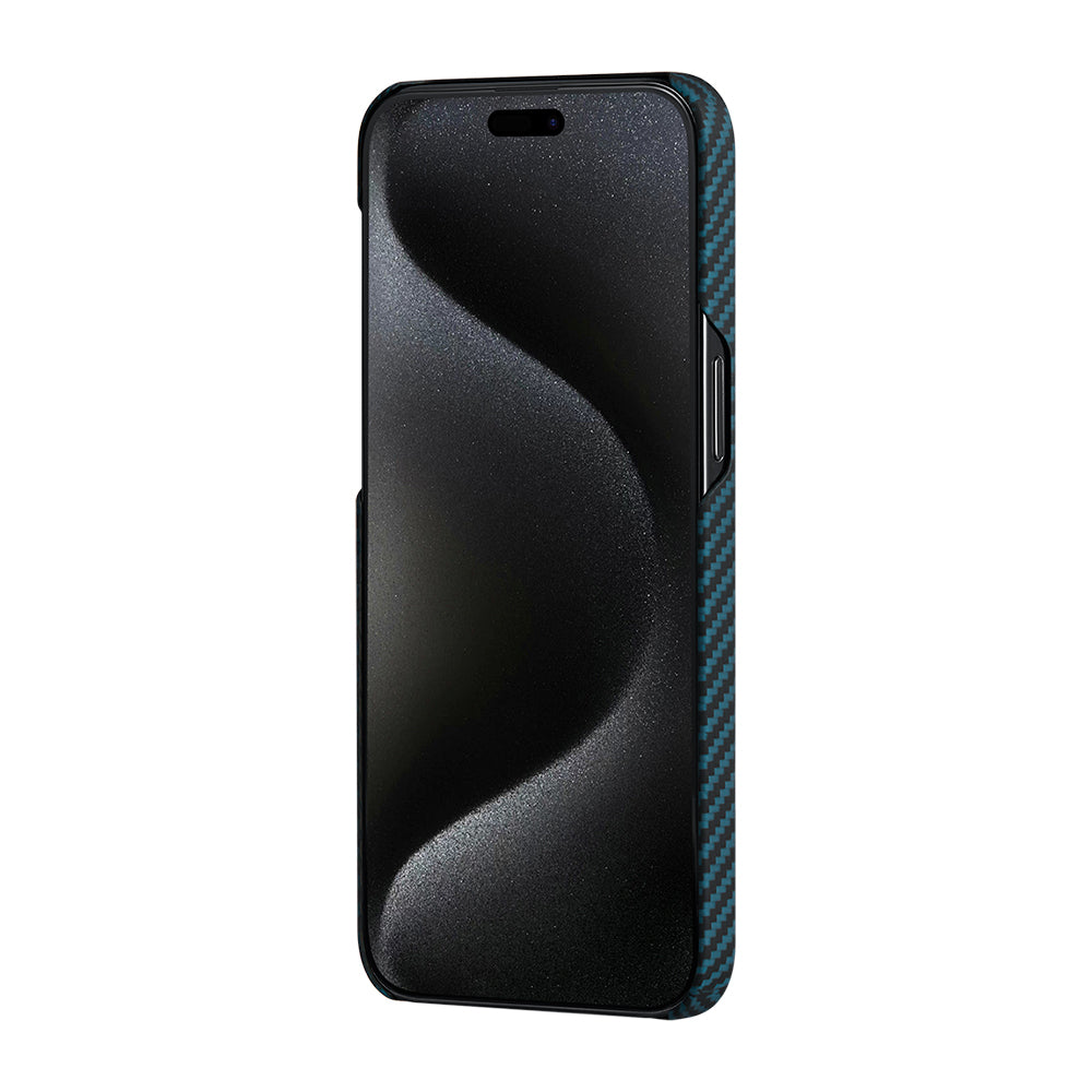 Apple iPhone 15 Pro Kılıf M-safe Şarj Özellikli 1500D Aramid Fiber Pitaka Ultra-Slim Classic Serisi Black-Blue Twill Kapak