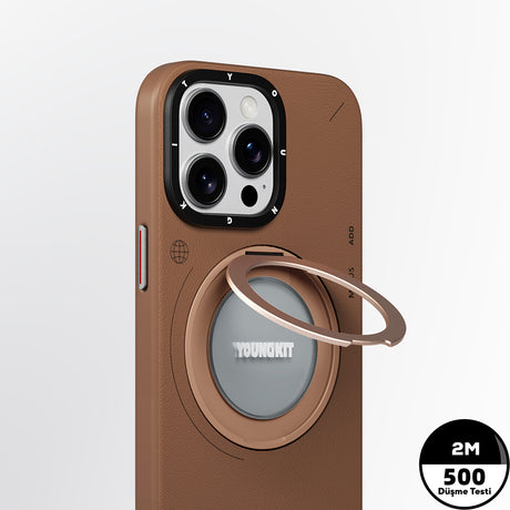 Apple iPhone 15 Pro Kılıf M-safe Şarj Özellikli 360° Standlı Basit Mat Deri Desenli Youngkit Tech Leather Serisi Kapak