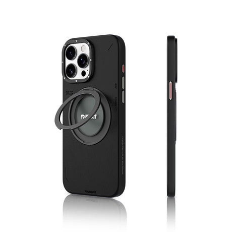 Apple iPhone 15 Pro Kılıf M-safe Şarj Özellikli 360° Standlı Basit Mat Deri Desenli Youngkit Tech Leather Serisi Kapak
