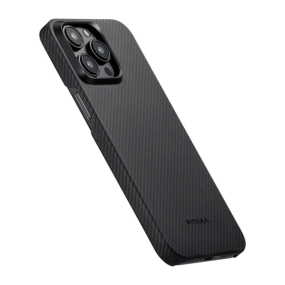 Apple iPhone 15 Pro Kılıf M-safe Şarj Özellikli 600D Aramid Fiber Pitaka Ultra-Slim Classic Serisi Black-Grey Twill Kapak