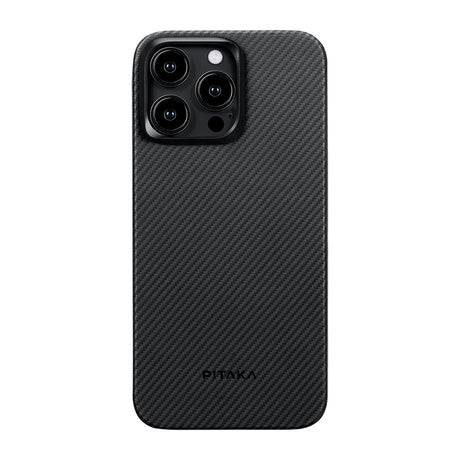 Apple iPhone 15 Pro Kılıf M-safe Şarj Özellikli 600D Aramid Fiber Pitaka Ultra-Slim Classic Serisi Black-Grey Twill Kapak
