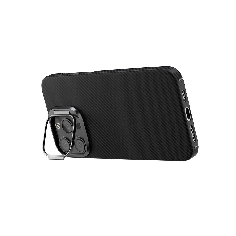 Apple iPhone 15 Pro Kılıf M-safe Şarj Özellikli 600D Kevlar Zore Krek Karbon Standlı Kapak