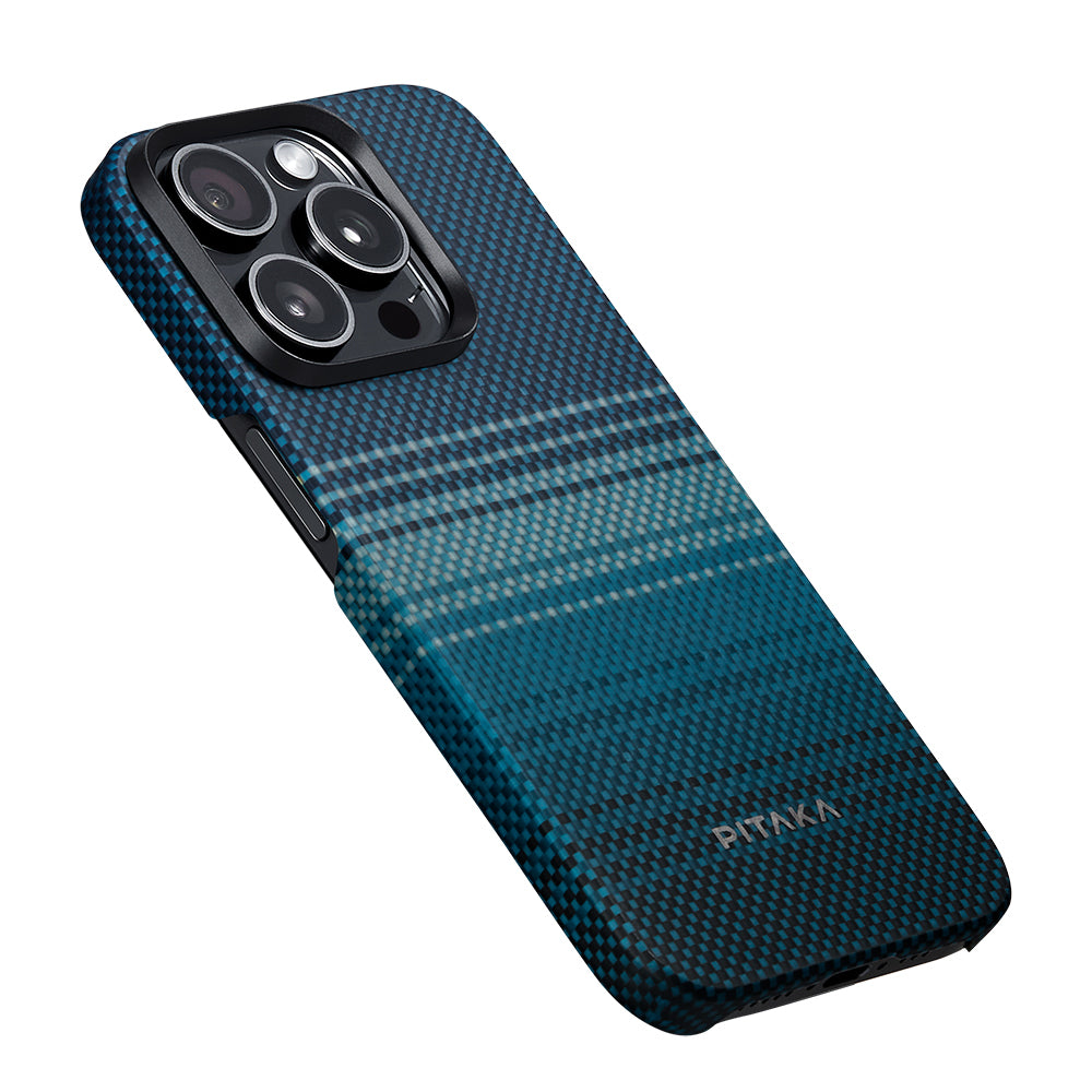 Apple iPhone 15 Pro Kılıf M-safe Şarj Özellikli Aramid Fiber Pitaka Tactile Woven Sunset-Moonrise Serisi Moonrise Kapak
