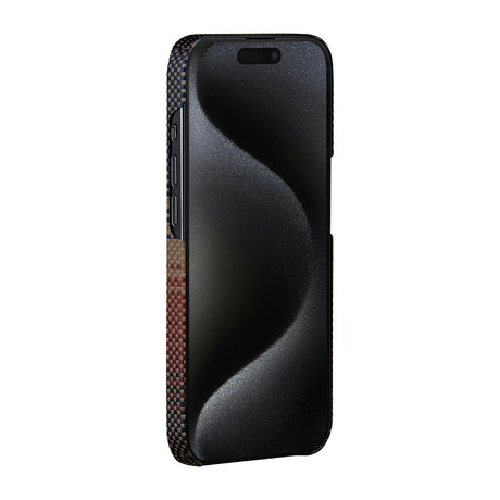 Apple iPhone 15 Pro Kılıf M-safe Şarj Özellikli Aramid Fiber Pitaka Tactile Woven Sunset-Moonrise Serisi Sunset Kapak
