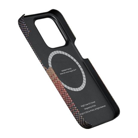 Apple iPhone 15 Pro Kılıf M-safe Şarj Özellikli Aramid Fiber Pitaka Tactile Woven Sunset-Moonrise Serisi Sunset Kapak