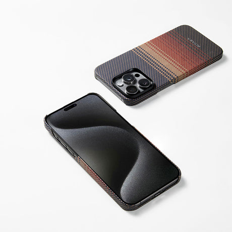 Apple iPhone 15 Pro Kılıf M-safe Şarj Özellikli Aramid Fiber Pitaka Tactile Woven Sunset-Moonrise Serisi Sunset Kapak
