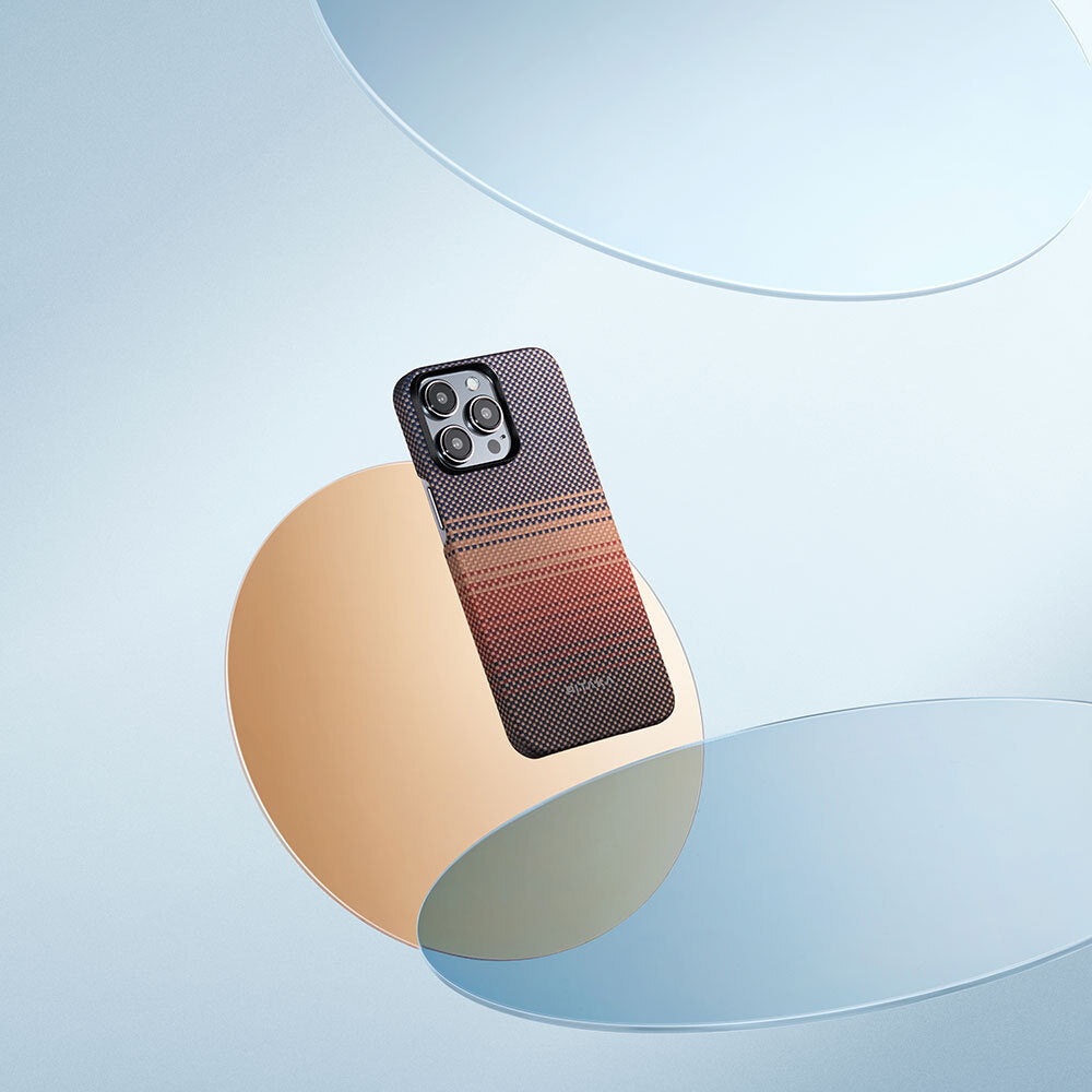 Apple iPhone 15 Pro Kılıf M-safe Şarj Özellikli Aramid Fiber Pitaka Tactile Woven Sunset-Moonrise Serisi Sunset Kapak