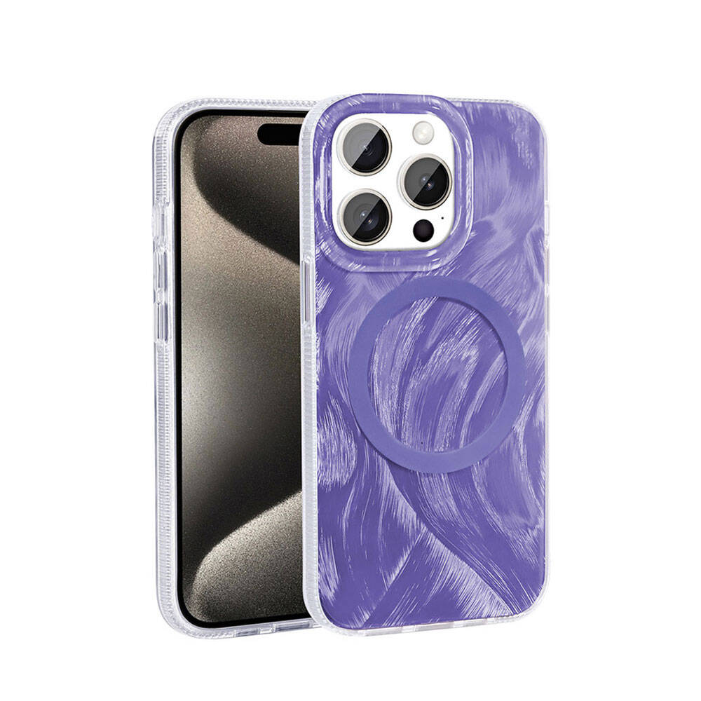Apple iPhone 15 Pro Kılıf M-safe Şarj Özellikli Fırça Boya Desenli Zore Palet Kapak