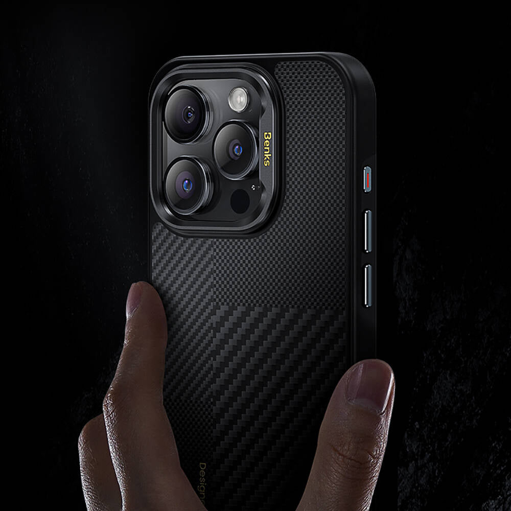 Apple iPhone 15 Pro Kılıf M-safe Şarj Özellikli Karbon Fiber Benks Montage Hybrid ArmorPro Kevlar Kapak