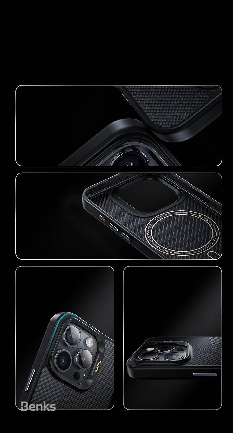 Apple iPhone 15 Pro Kılıf M-safe Şarj Özellikli Karbon Fiber Benks Montage Hybrid ArmorPro Kevlar Kapak