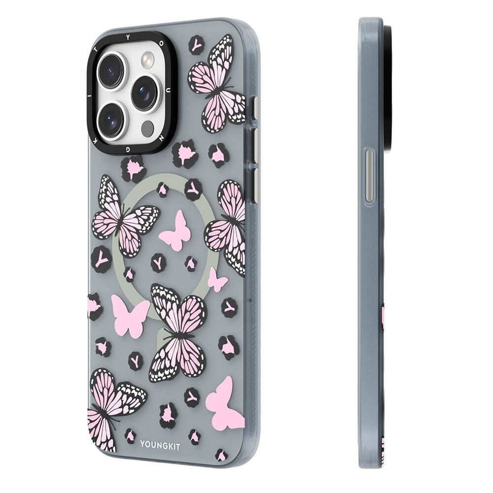 Apple iPhone 15 Pro Kılıf M-safe Şarj Özellikli Kelebek Desenli Youngkit Shadow Dance Serisi Kapak
