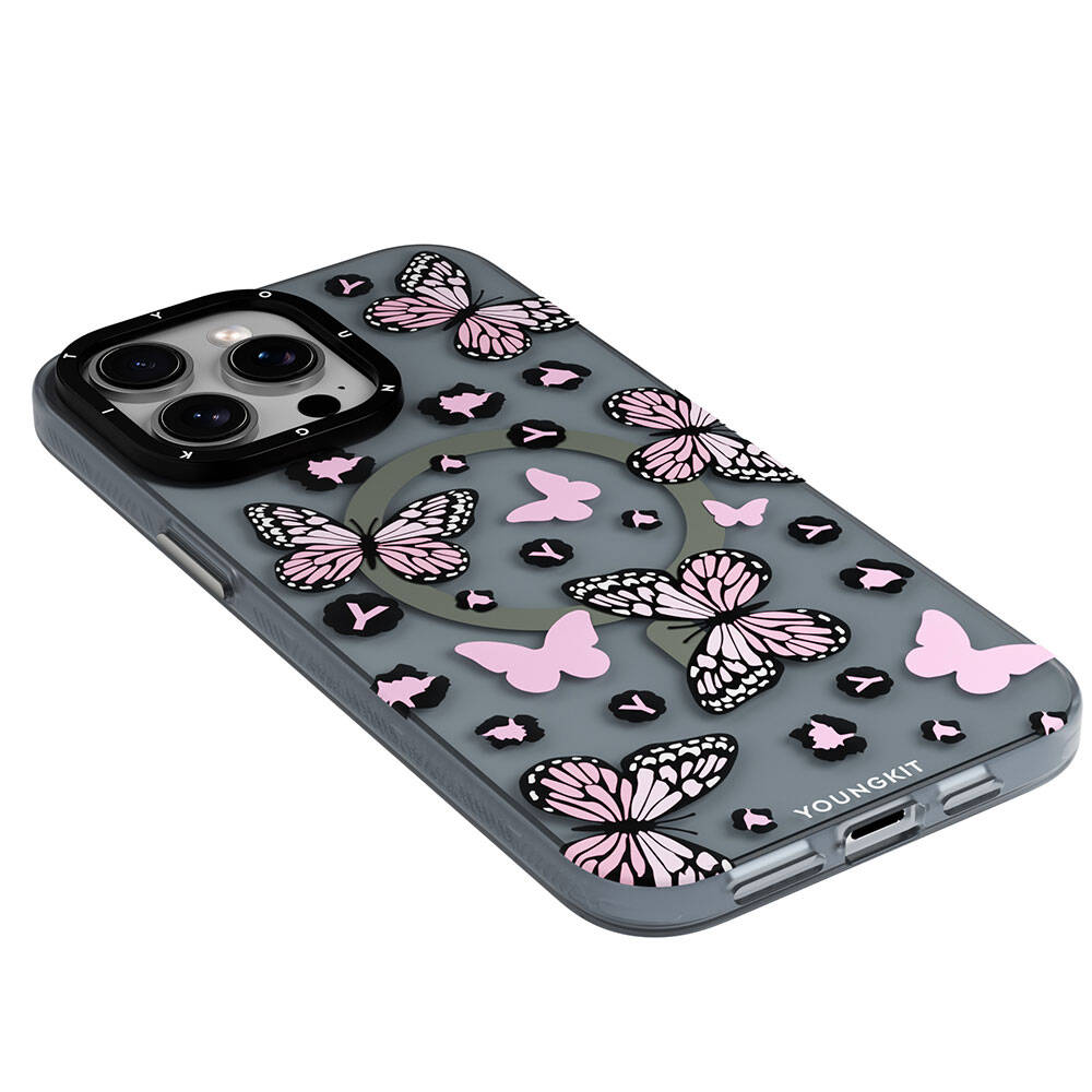 Apple iPhone 15 Pro Kılıf M-safe Şarj Özellikli Kelebek Desenli Youngkit Shadow Dance Serisi Kapak